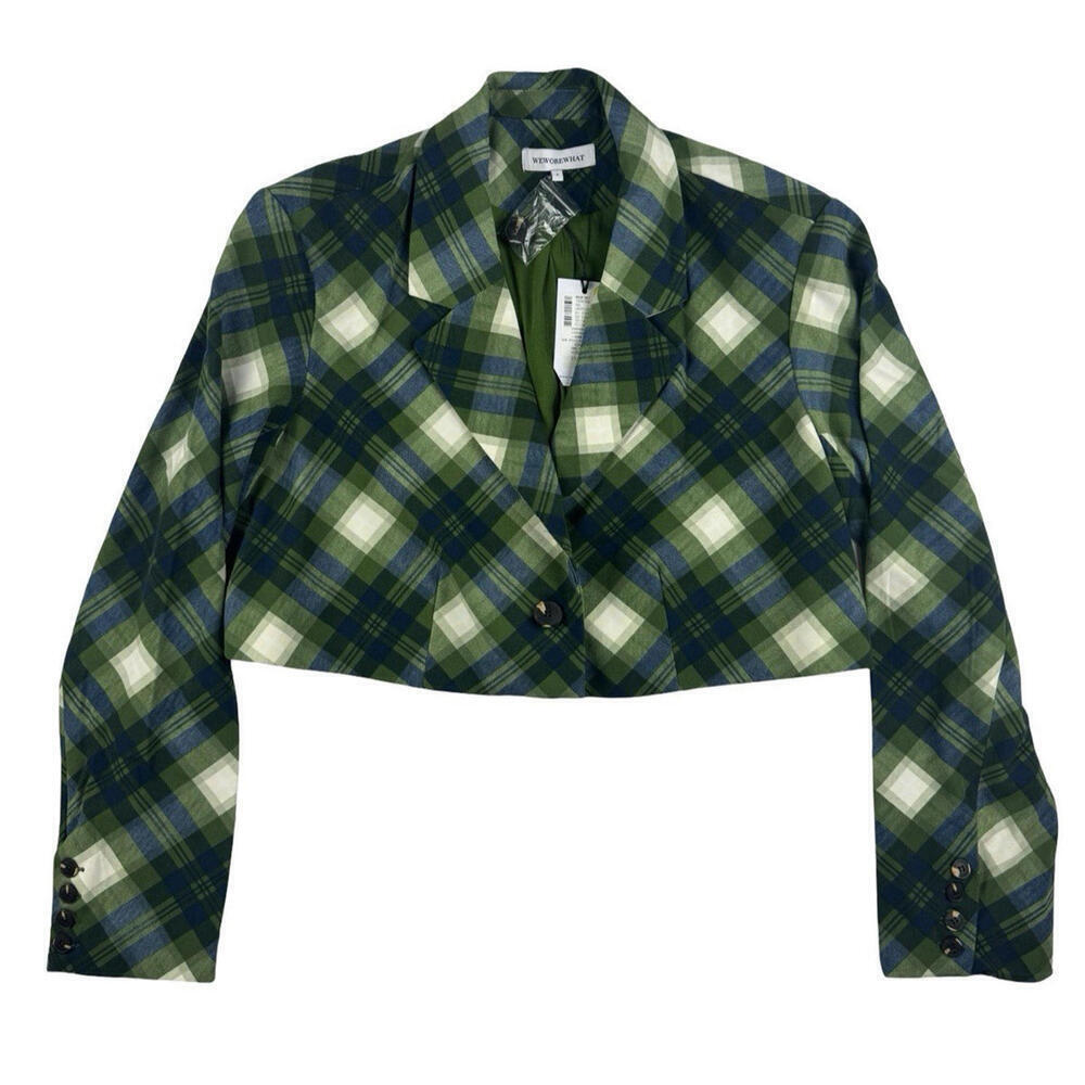 WeWoreWhat Boxy Plaid Cropped Blazer Jacket Green Size S